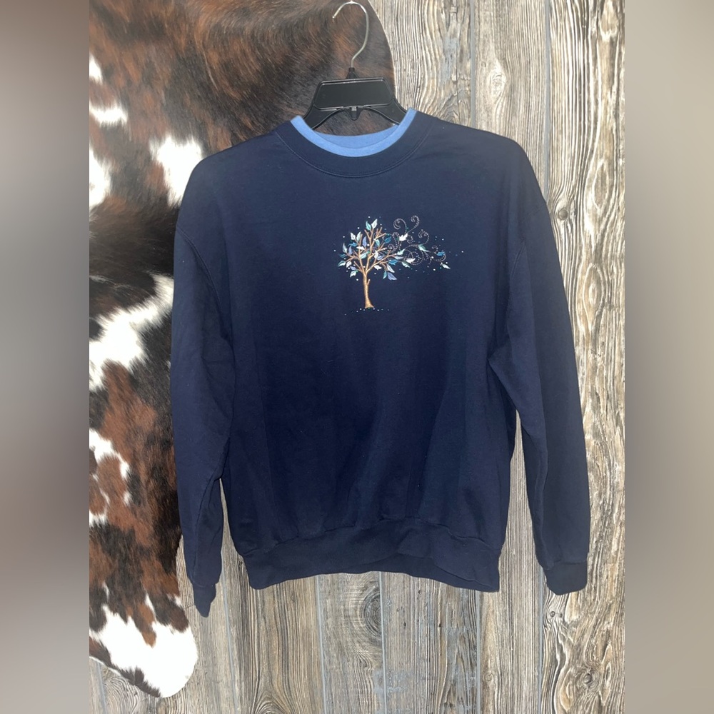 Decorated originals size 1X navy blue and light blue layers winter tree sweater